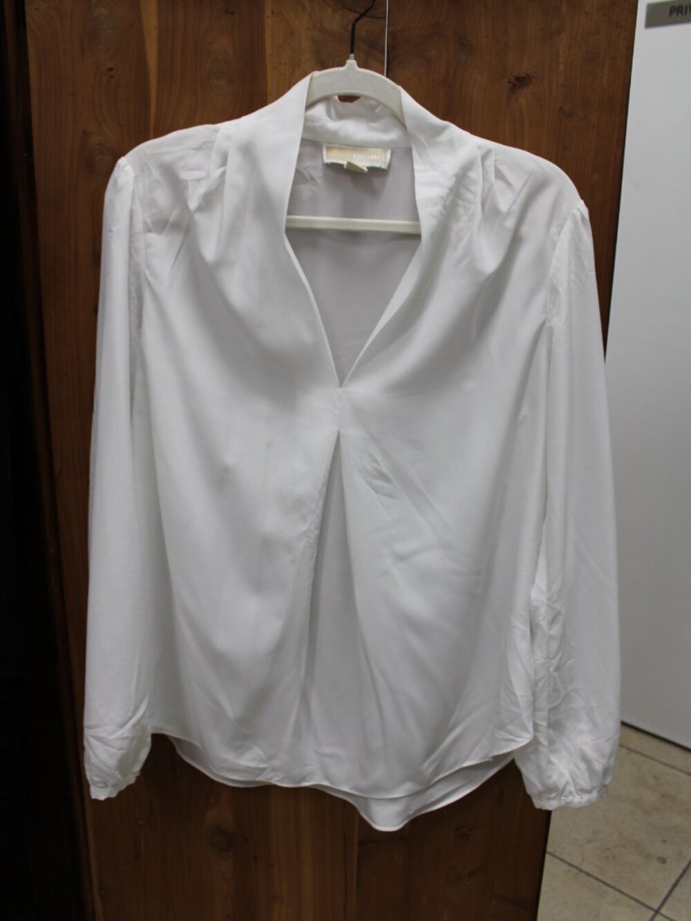 MICHAEL Michael Kors White Pleated V-Neck Blouse L